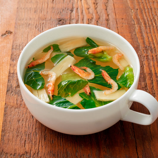Soup mix with bamboo shoots, rapeseed blossom and sakura shrimp