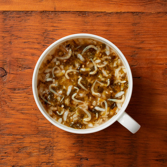 Savoury rice porridge mix with whitebait and nori seaweed